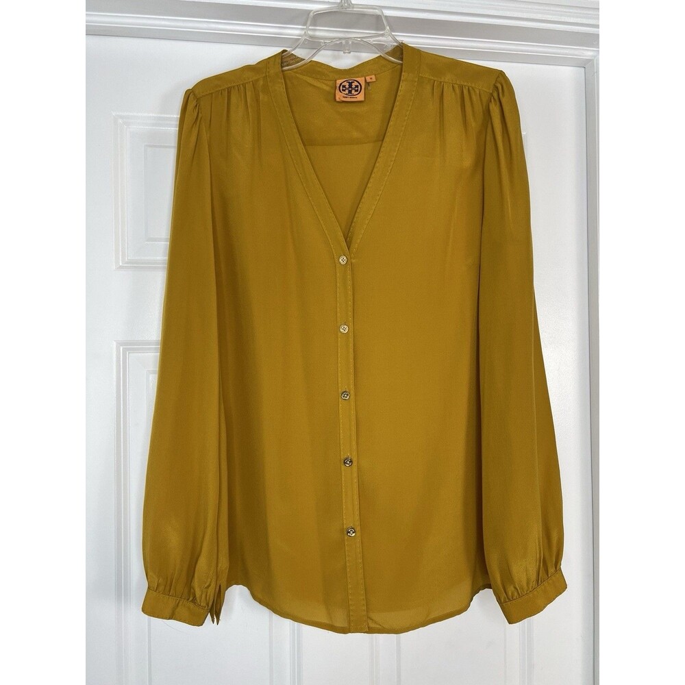 Tory Burch 100% Silk Women's Blouse Size 12 Yellow V-Neck Button Front Top